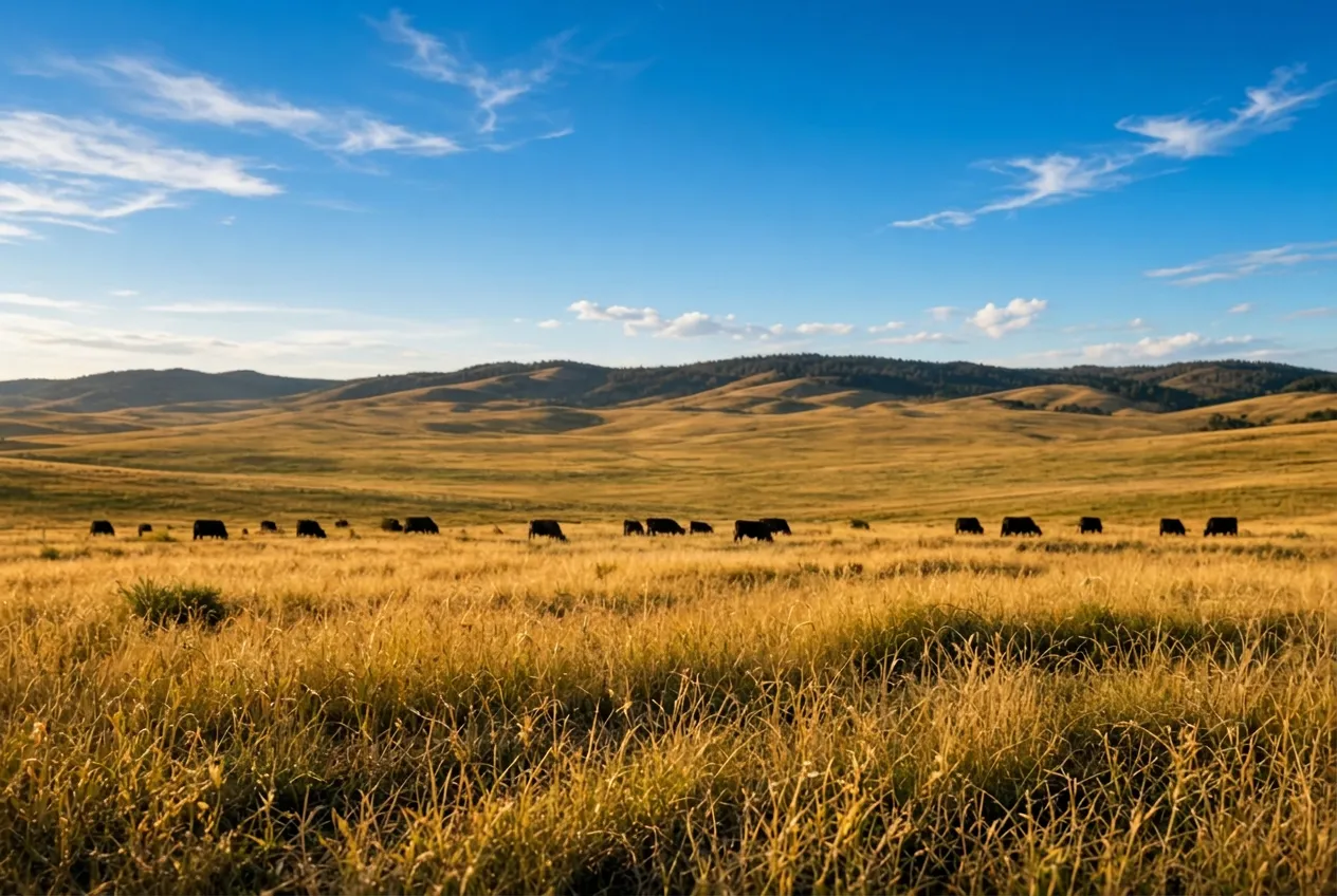 Golden grassland with cattle grazing under a blue sky